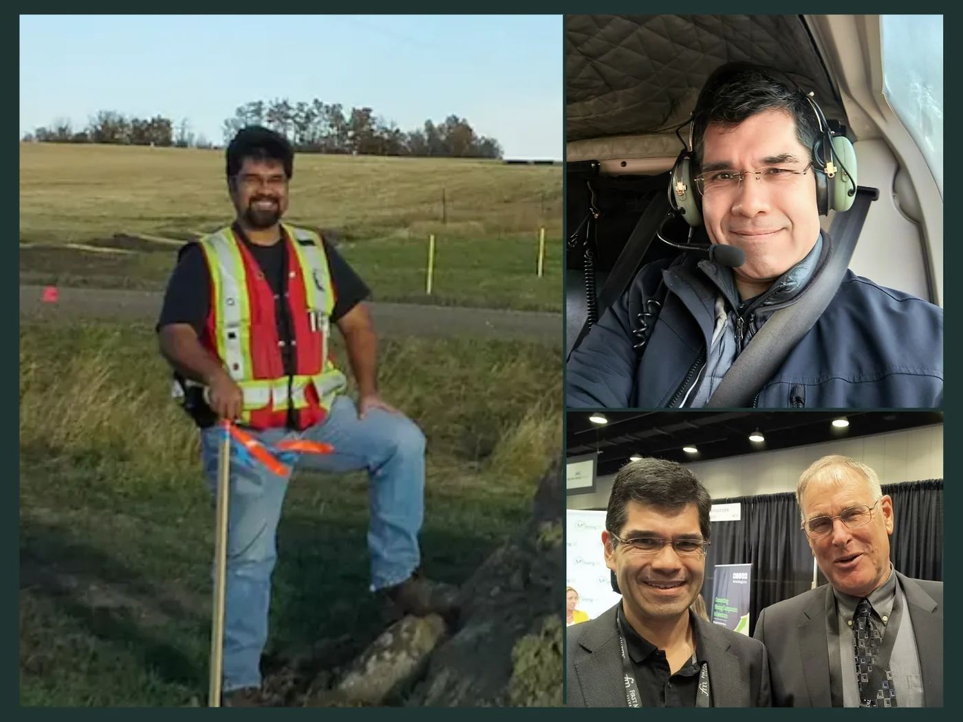 Clayton Smith surveying in the field, travelling by helicopter, and attending a resource investment event.